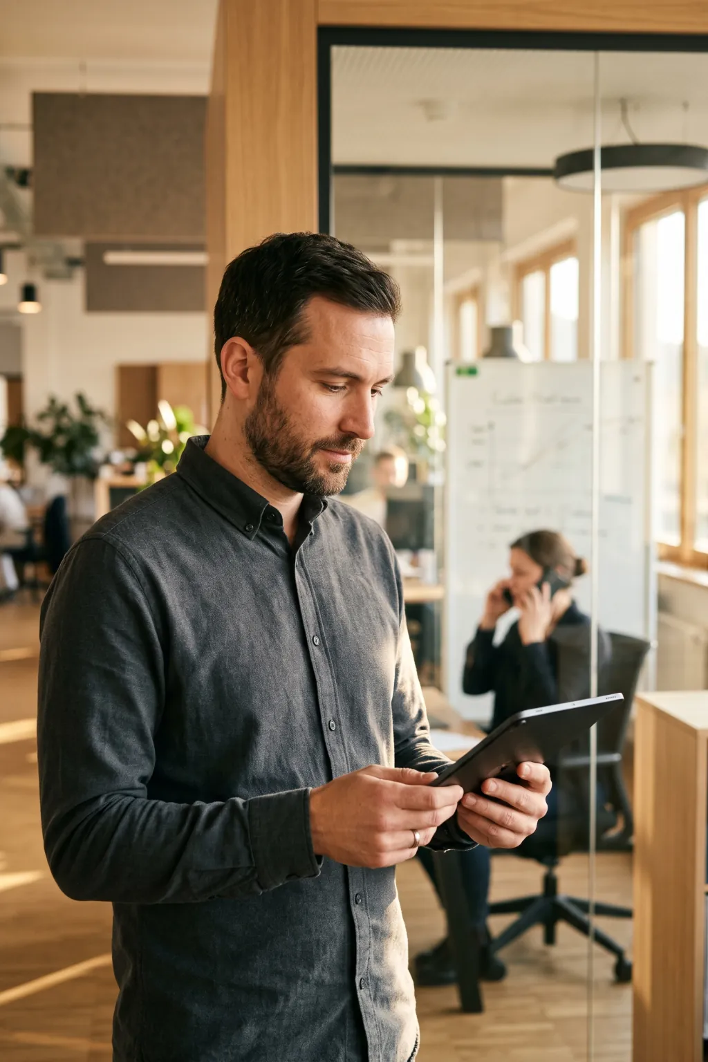 Vertriebsmitarbeiter prüft die Pipeline auf dem Tablet im Büro