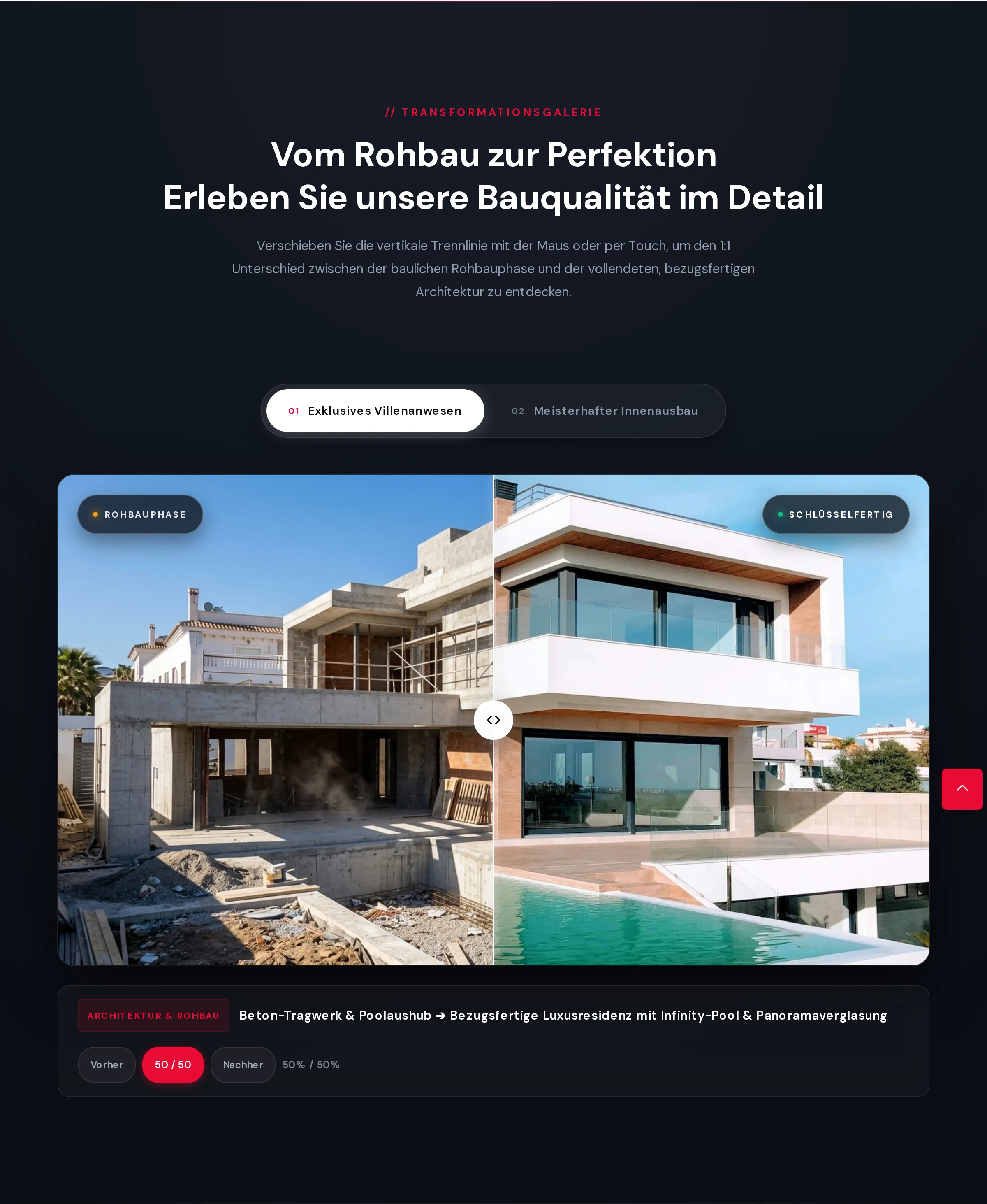 Die Transformationsgalerie von Immo-App: links der Rohbau, rechts das schlüsselfertige Haus, dazwischen ein verschiebbarer Regler.