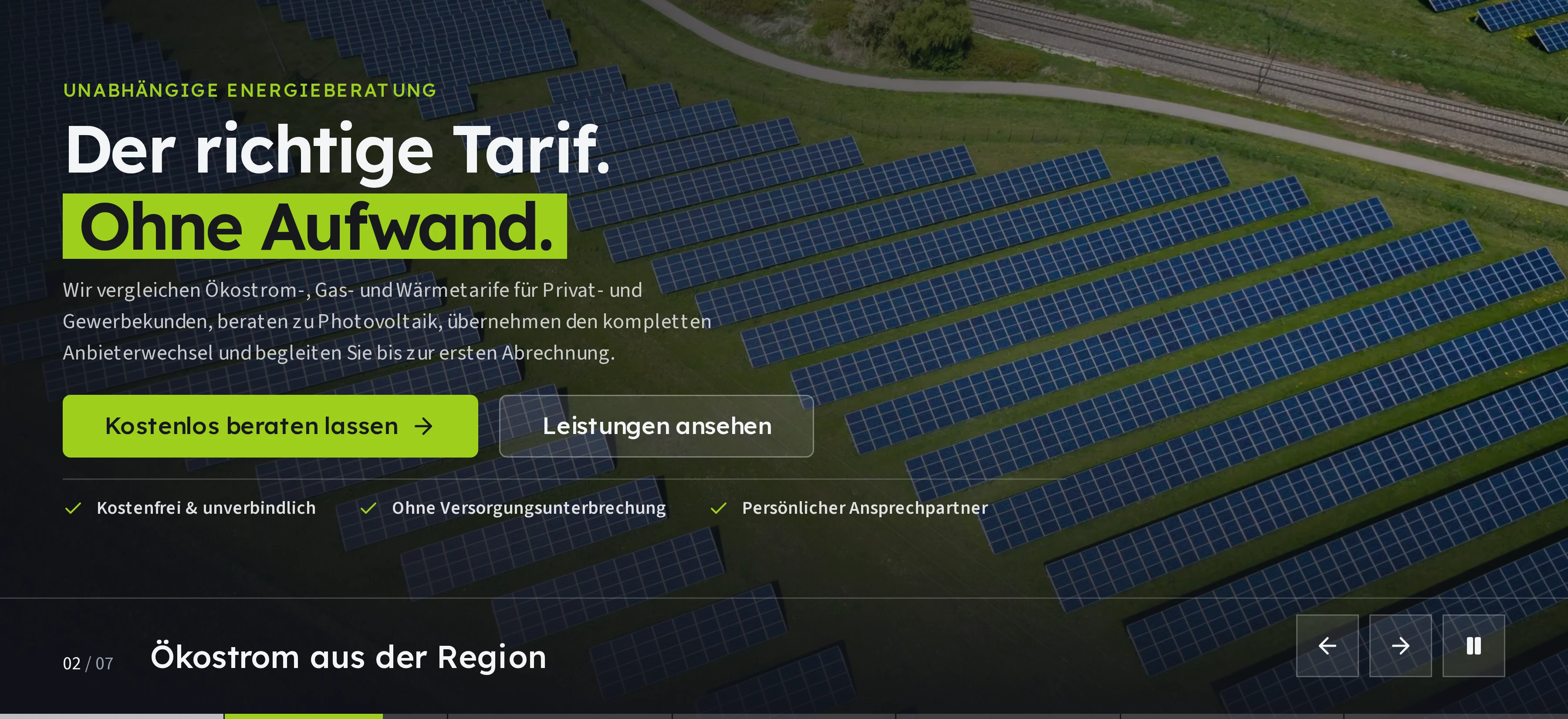 Startbild von profenergie.de: großflächiges Energiefoto, darüber »Der richtige Tarif. Ohne Aufwand.«, zwei Schaltflächen und drei Zusagen.